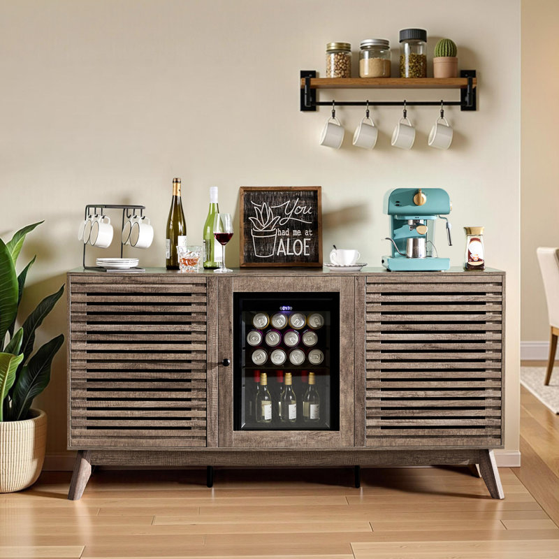 60" Wood Coffee Bar Sideboard with Built-In Beverage Refrigerator, Slatted Doors, Adjustable Shelves, and Storage for Dining Room, Home Bar, or Office