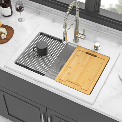 White Workstation 30X22" Kitchen Sink Drop - In, Granite Composite, Non Scratch, Quiet Operation, Protects Hands, Package With Bottom Grid And Cutting Board Quartz In Workstation, High End Material,