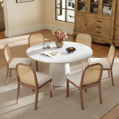 Ensemble de table de salle à manger ronde avec piédestal et 4 à 6 chaises en rotin, ensemble de salle à manger de style Mid-Century moderne avec coussins rembourrés pour la salle à manger de cuisine