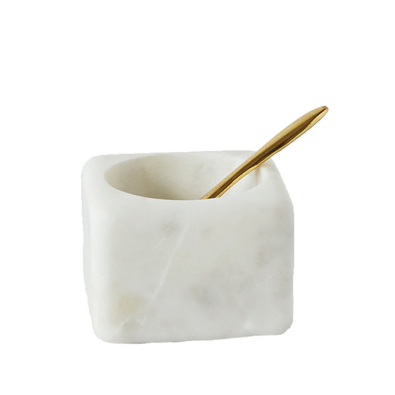 Bol en sel Fenster en marbre blanc avec cuillère en acier inoxydable doré, Blanc