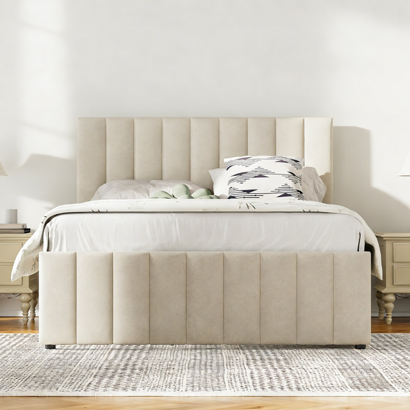 Full Size Upholstered Platform Bed with Twin Size Trundle and 3 Drawers,Linen Fabric, Beige