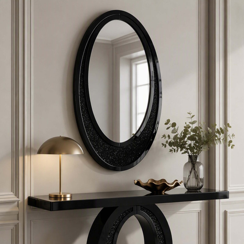 Miroir mural ovale moderne fait main en diamant broyé, miroir décoratif multi-usages de haute qualité (noir), Black