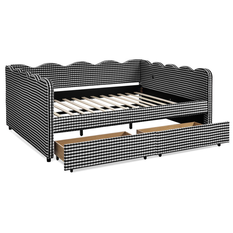 Grand lit de jour avec deux tiroirs de rangement, charge, forme ondulée et lit en lin - pour la chambre à coucher, Black
