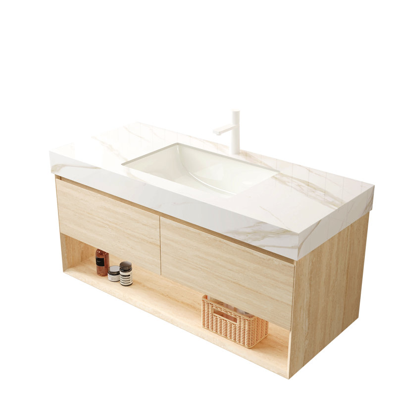 Comptoir en pierre frittée dorée de 48 po et lavabo encastré en céramique Calacatta, sans armoire, sans robinet ni drain, convient au meuble-lavabo FRIGGA