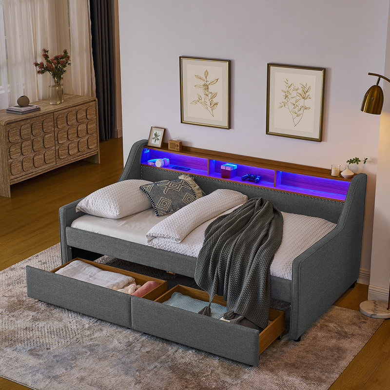 Canapé-lit simple rembourré avec trois lumières DEL et tête de lit réglable, Gris