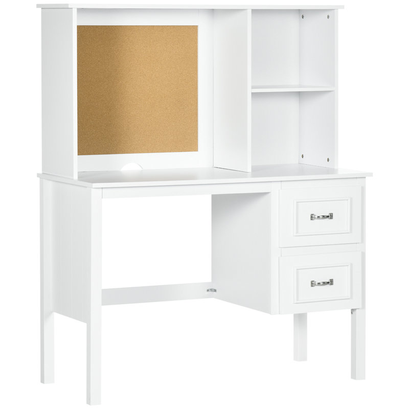Bureau d'ordinateur avec tiroirs et tablettes, bureau personnel avec rangement et tableau en liège, table de poste de travail avec trou pour câbles, blanc