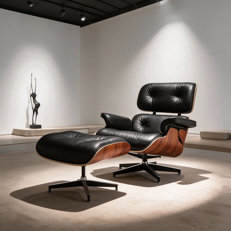 Chaise longue pivotante en cuir fleur avec repose-pieds, Cuir véritable, Noir noyer