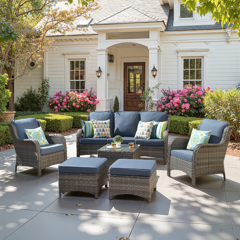 Caberfae Wicker 5 - Person Patio Conversation Set with Cushions, Denim Blue, Gray