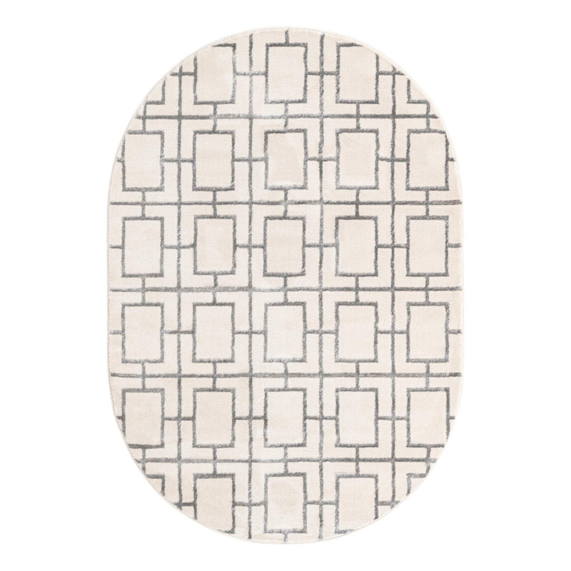 Glam Geometric White Silver Area Rug, Oval 4'1" x 6'1"