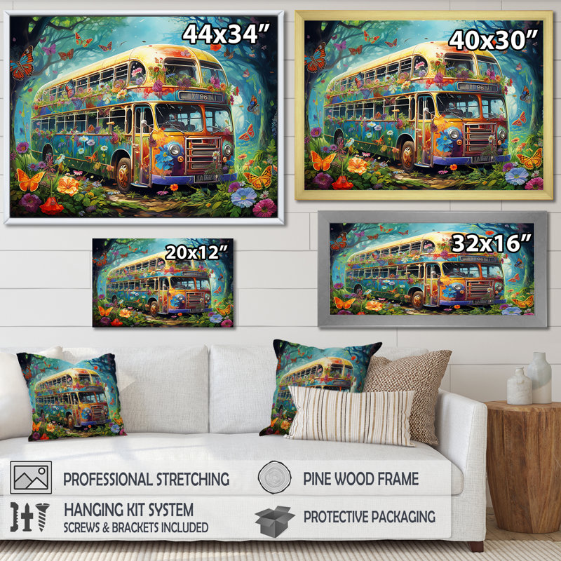 Magic Hippie Bus In The Flower Forest sur toile, H 16 po x l 32 po x P 1 po, Cadre flottant noir