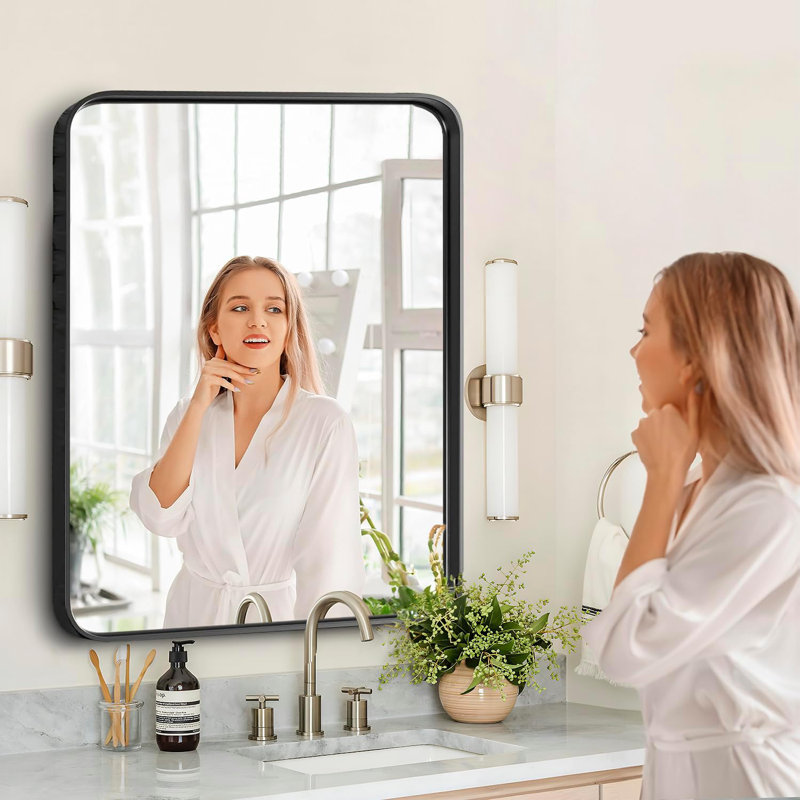 Miroir de salle de bain rectangulaire en métal noir arrondi pour salle de bain avec miroir mural, 36 po x 24 po