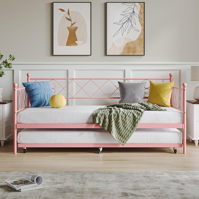 Daybed with Trundle, Trundle Bed Day Bed with Stylish Headboard Twin Daybed with 6 Casters Pullout Trundle, Pink