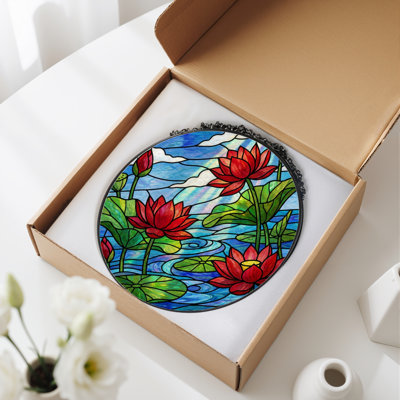 12"H Water Lily Stained Glass Window Panel