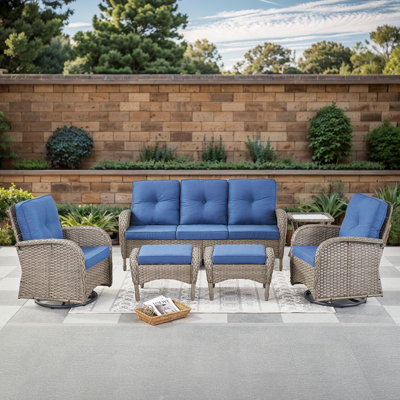 Valierius 6-Piece Outdoor Wicker Patio Furniture With 3 Seat Sofa & Swivel Chair, Coversation Set With Water Resistant Cushions