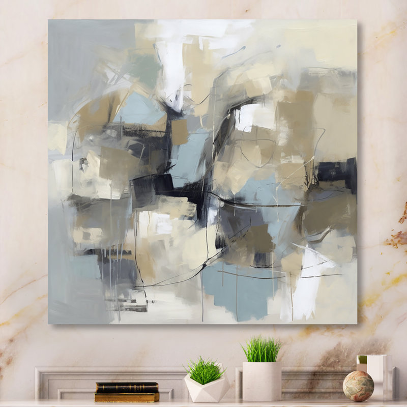 Beige et gris, Créature sans limite I - peinture abstraite, art mural en métal, H 23 po x l 23 po x P 1 po