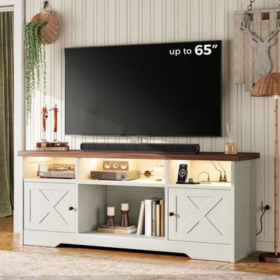 Tv Stand With Power Outlet, Farmhouse Entertainment Center With Led Light, Console Table And Media Furniture With Storage Cabinets