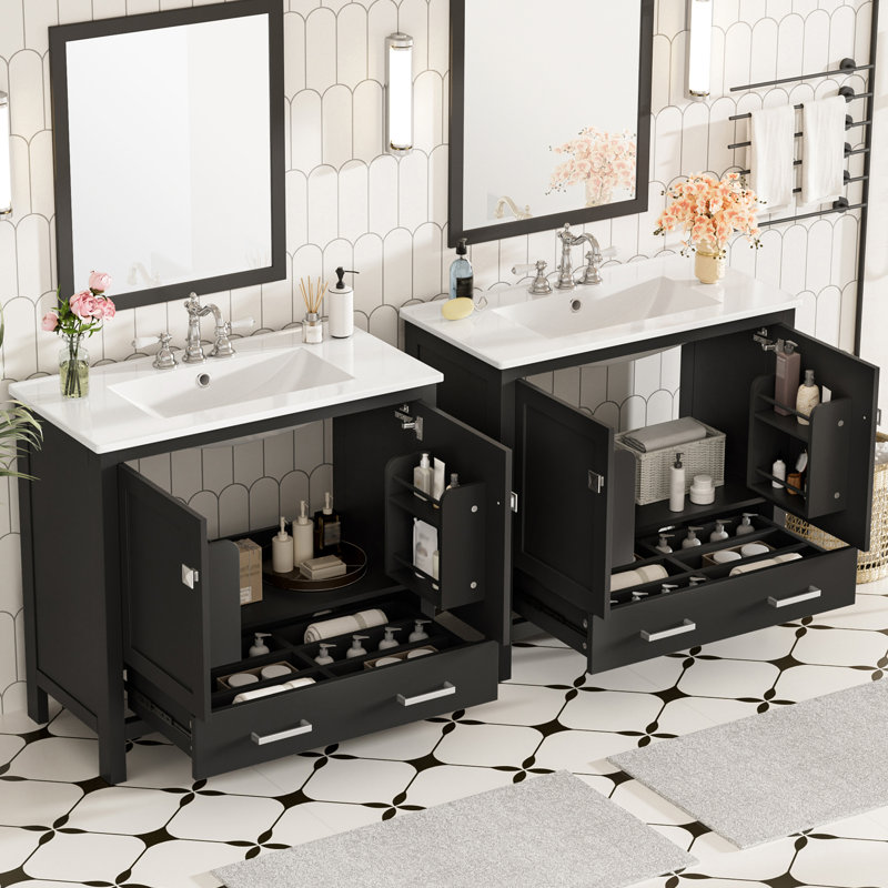 Meuble-lavabo de salle de bain avec lavabo en céramique, portes à fermeture en douceur, tablettes de rangement doubles et tiroir divisé pour un rangement de salle de bain spacieux et organisé