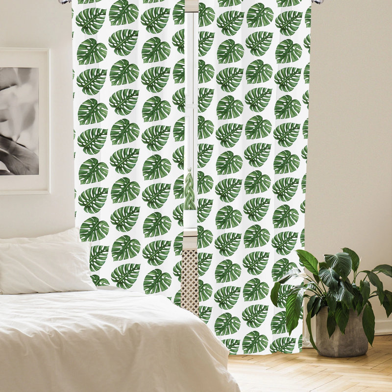 Tropical Green Leaf Print Polyester Room Darkening Curtain Pair