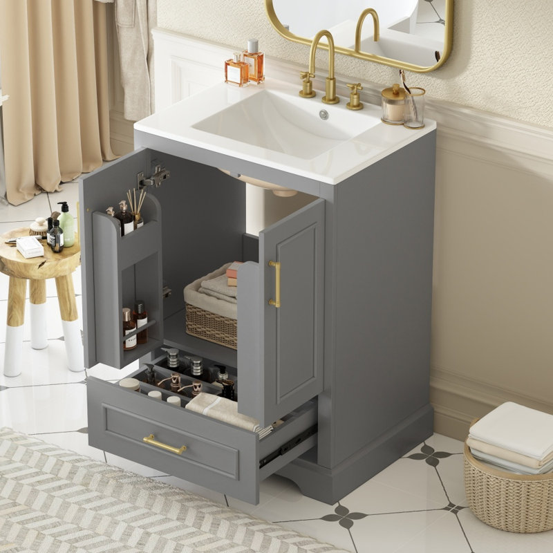 Meuble-lavabo de 24 po avec lavabo, structure en bois massif, tiroir divisé, 2 portes à fermeture douce avec supports à double couche, finition peinte grise, autoportant