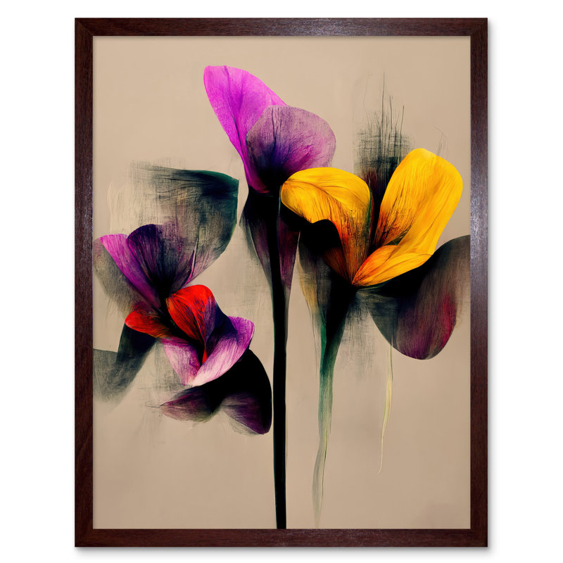 Abstract Floral Iris Flowers Artwork - Print, Brown Framed Paper, 43cm H x 33cm W x 2cm D