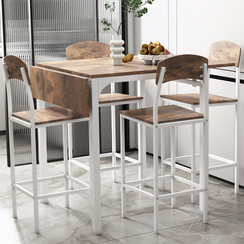 Farmhouse 5-Piece Counter Height Drop Leaf Dining Table Set with Comfortable Chairs for 4, Space-Saving and Stylish, White