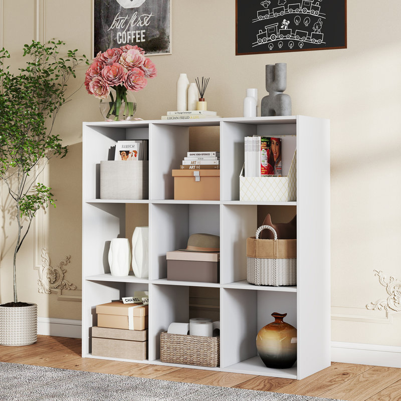 9-Cube Bookcase, Decorative Storage Shelf, White, (9 Shelves) 35.24"H x 35.94"W x 11.61"D