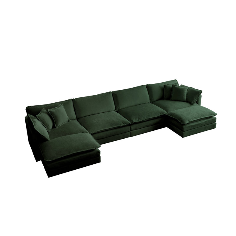Modular Large U-Shape Sectional Sofa,Double Extra Ottomans, Green Chenille