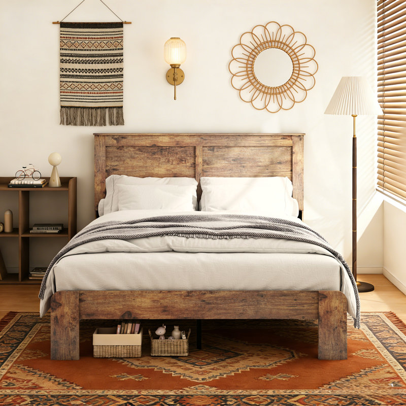 Rustic Wood Platform Bed with Tall Headboard, Farmhouse Bed Frame with Tall Legs and Underbed Storage, No Box Spring Needed, Dark Brown, Twin