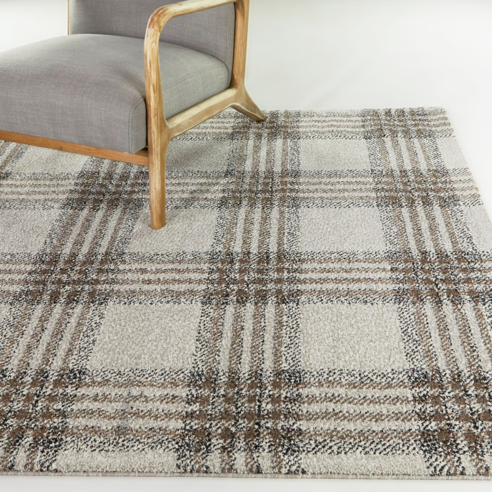 Kage Brown Gray Black Plaid Rug, Rectangle 6'7" x 9'