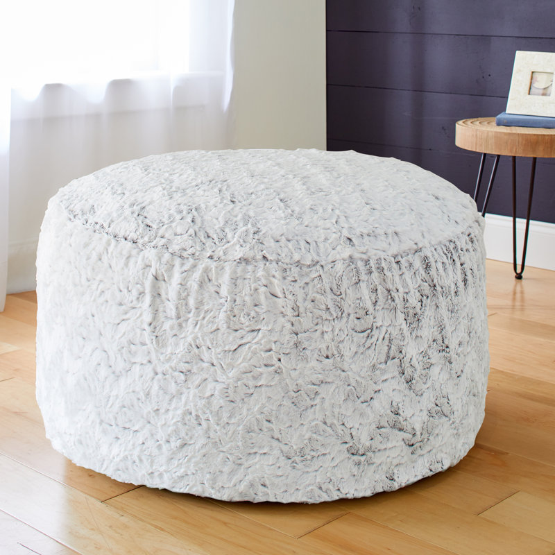 Mikeyah Upholstered Pouf, Fauxchilla Silver Fox Faux Fur