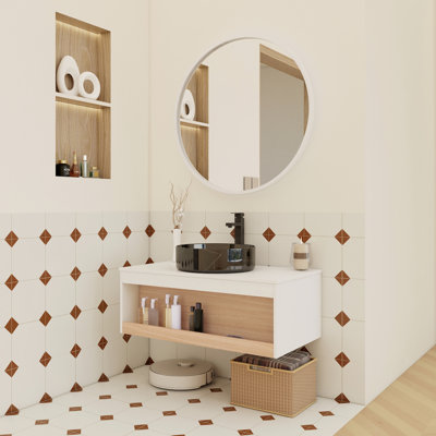 36-inch Floating Bathroom Vanity with Round Vessel Sink and Open Shelf