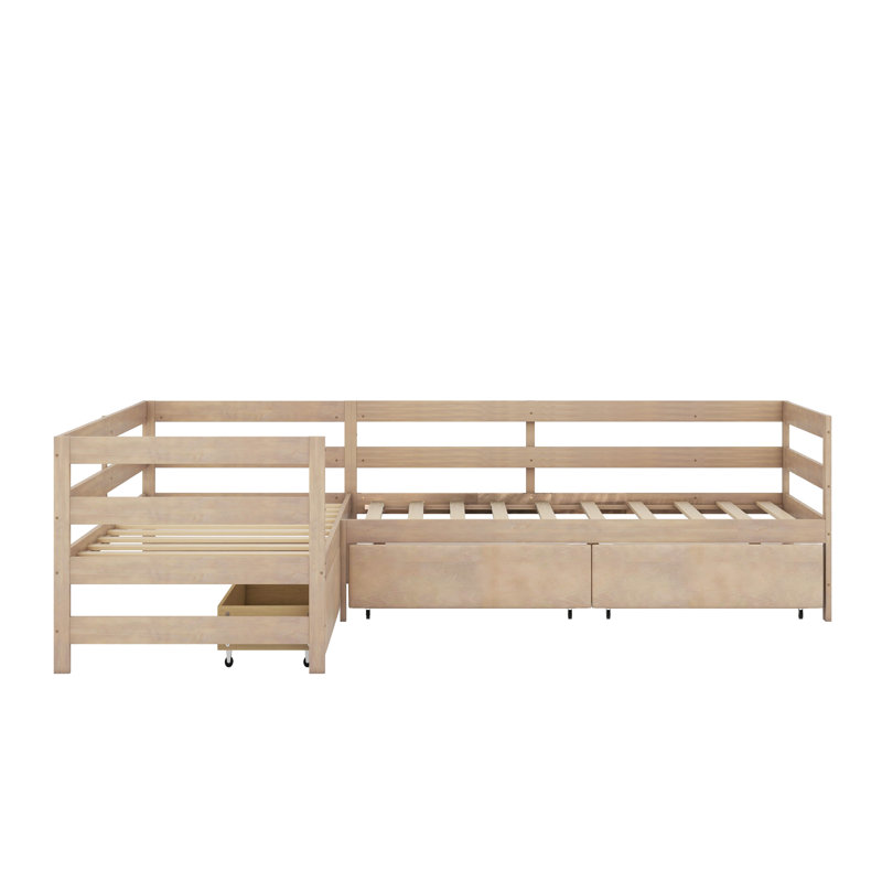 Lit plateforme simple en forme de L avec trois tiroirs de rangement, Naturel