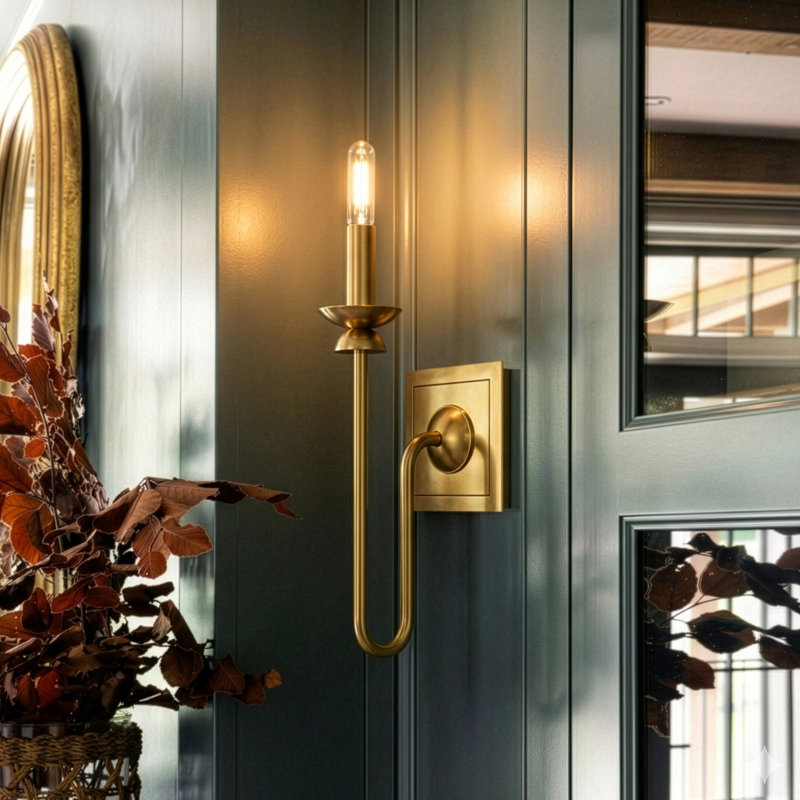 William Wall Sconce - Lacquered Burnished Brass - Square Backplate, Lacquered Burnished Brass