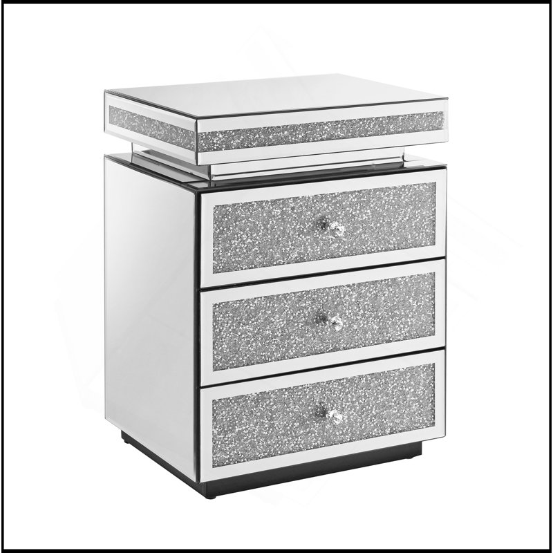 Mirrored Nightstand With 3 Drawers, Silver Nightstand With Crystal Inlay, Mirror End Table, Modern Bedside Table, Glass Table For Bedroom, 13.8''W X 17.7" L X 23.6" H