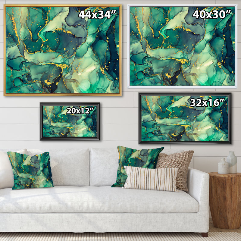 «Green Luxury Abstract Fluid Art IV», reproduction d'art sur toile moderne, H 16 po x l 32 po, Cadre flottant doré