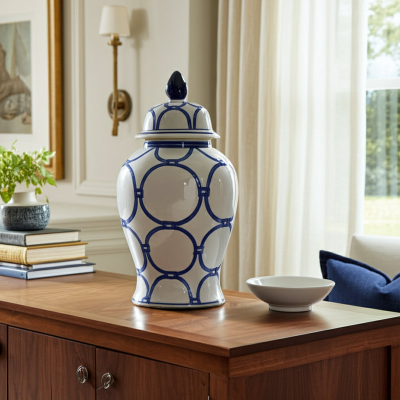 Cinya Ceramic Vase and Decorative Temple Jar with Lid - Elegant Flower Vase for Home Decor, 18" H x 9" W x 9" D