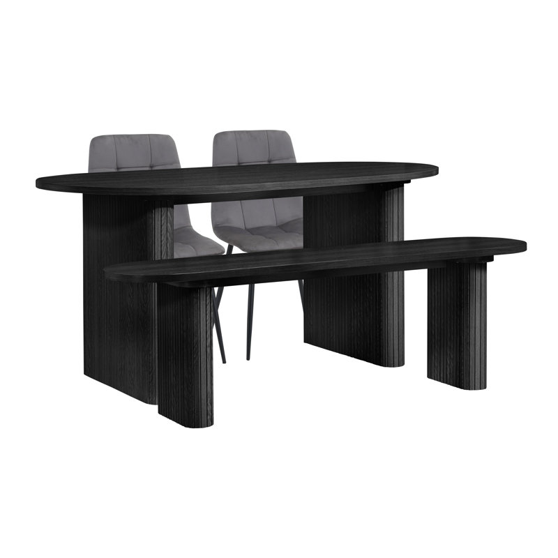 Axel Oval Fluted Dining Table With 2 Fabric Chairs 1 Bench, Gray/Black, Black, Black