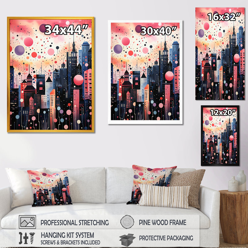 Bubble Gum Cityscape Horizon IV - Art mural art déco urbain, Cadre photo doré simple, H 44 po x l 34 po x P 1,5 po