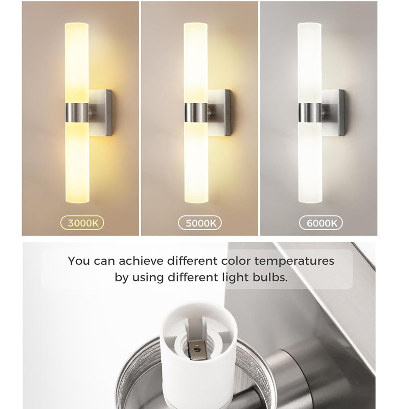 18 In 2-Light White Double Tube Wall Sconce , E12 Sleek Up And Down Light Fixture For Bathroom, Bedroom, Brushed Nickel