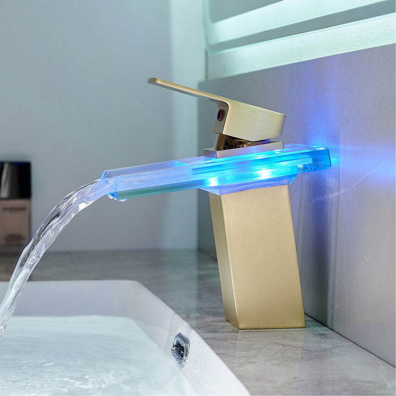 Deck Mounted Bathroom Faucet, Led 3 Colours , Hot Cold Water Mixer, Waterfall Spout, Single Hole, Brushed Gold Finish Sink Changing, Mounted, Water,