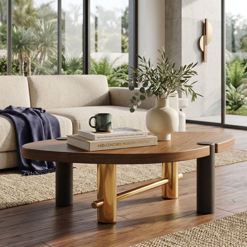 Vitaliana Retro Oval Coffee Table With Wood Grain Finish and Gold Metal Legs