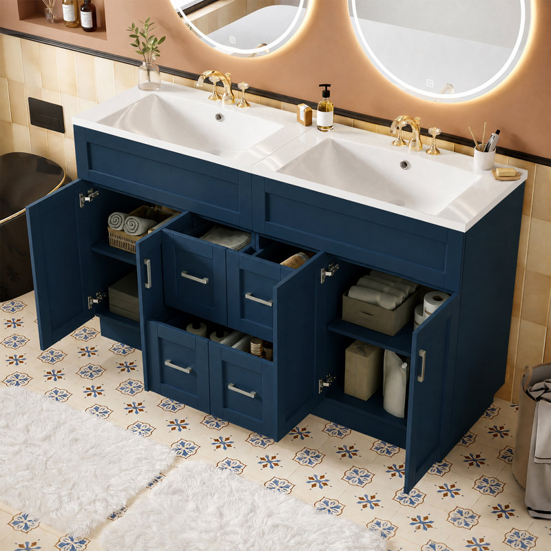 Meuble-lavabo transitionnel autoportant de 60 pouces avec plateau SMC Dualarc, Bleu