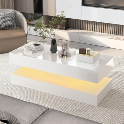 47.3” Modern High Glossy LED Coffee Table with 2 Storage Drawers, APP Control RGB Light, Waterproof & Scratch Resistant MDF Living Room Center Table