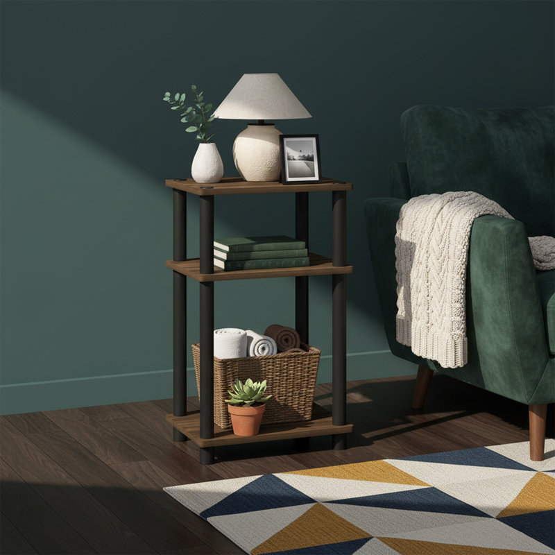 22.8'' H 3-Tier Nightstand - French Oak/Black Finish, Toolless Turn-N-Tube Assembly, Open Storage, Walnut/Black