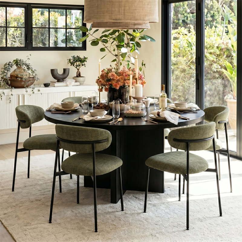 Modern 7-Piece Round Dining Set With Pedestal Base Table And Upholstered Curved Back Chairs, Green