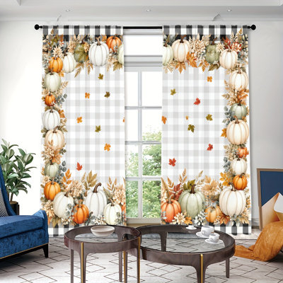 2Pcs Autumn Harvest Pumpkin Leaf Gingham Pattern Light Filtering Curtains, Fall Festival Printed Window Drapes, Rod‑pocket Style, Suitable for Living Room, Bedroom, Guest Room, Farmhouse Home, Aesthetic Home Decoration