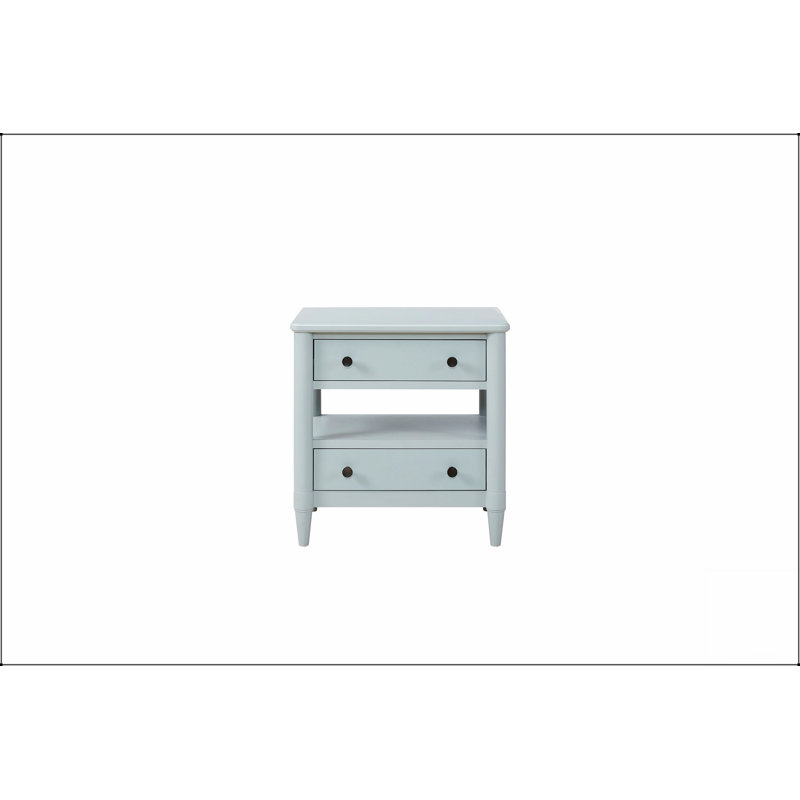 Table de chevet compacte à finition océan avec 2 tiroirs, parfaite pour les chambres modernes et peu encombrantes.