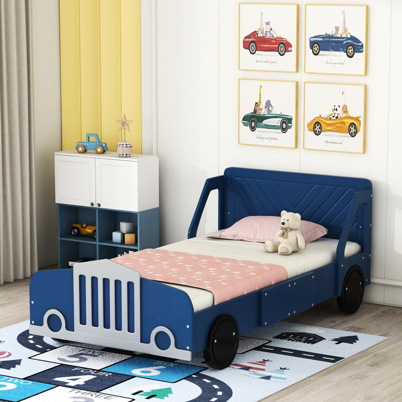 Lit plateforme simple avec roues bleues et structure solide - offre une base solide, une installation confortable et une expérience de sommeil