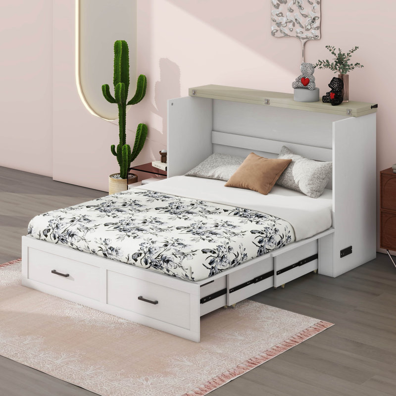 Armoire lit escamotable avec tiroir de rangement et station de charge Murphy, Grand, Blanc