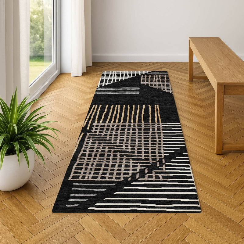 Premium Machine Washable Mayfield AMF2270 Striped Rug, 2'3" x 7'6" Runner, Black